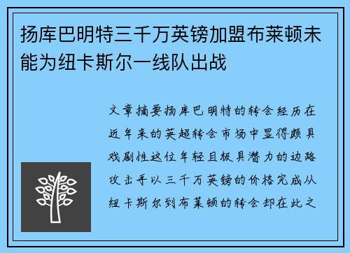 扬库巴明特三千万英镑加盟布莱顿未能为纽卡斯尔一线队出战